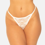 White lace thong on a plain background