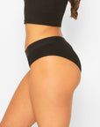 Black high-waisted bikini bottom on a plain background