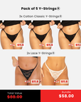 EXCLUSIVE Y-String® Lover Classic Pack: 3 Breathe-Soft Cotton Y-Strings® + 2 Stretch Lace Y-Strings®