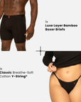 Men's underwear with text indicating 'Luxe Layer Bamboo Boxer Briefs' and 'Classic Breathe-Soft Cotton Y-String'.