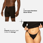Men's underwear with text indicating 'Luxe Layer Bamboo Boxer Briefs' and 'Classic Breathe-Soft Cotton Y-String'.
